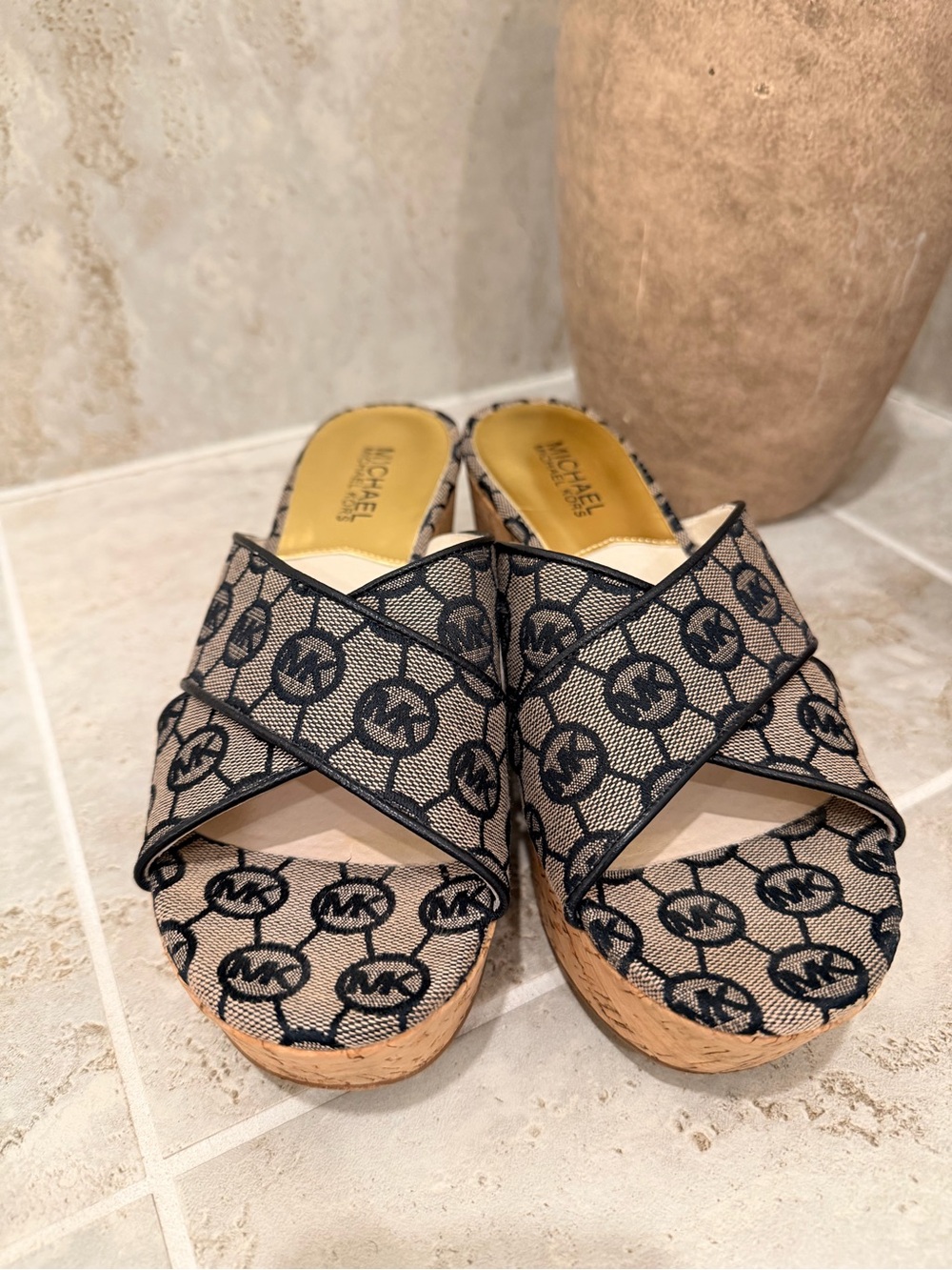 Michael Kors Beige & Black MK Logo Crossband Wedge Sandals